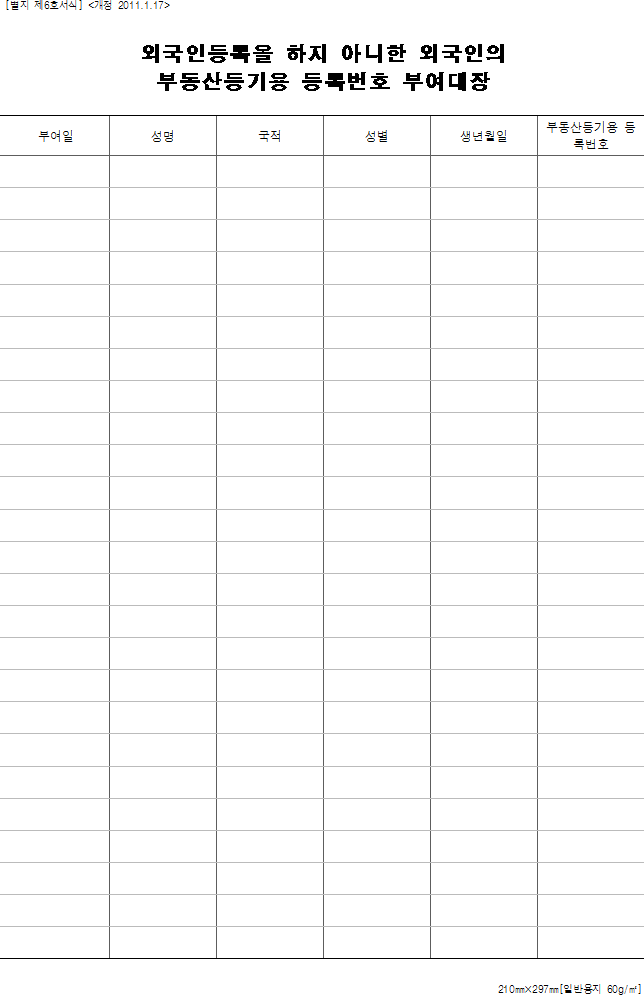 외국인등록을 하지 아니한 외국인의 부동산등기용 등록번호 부여대장